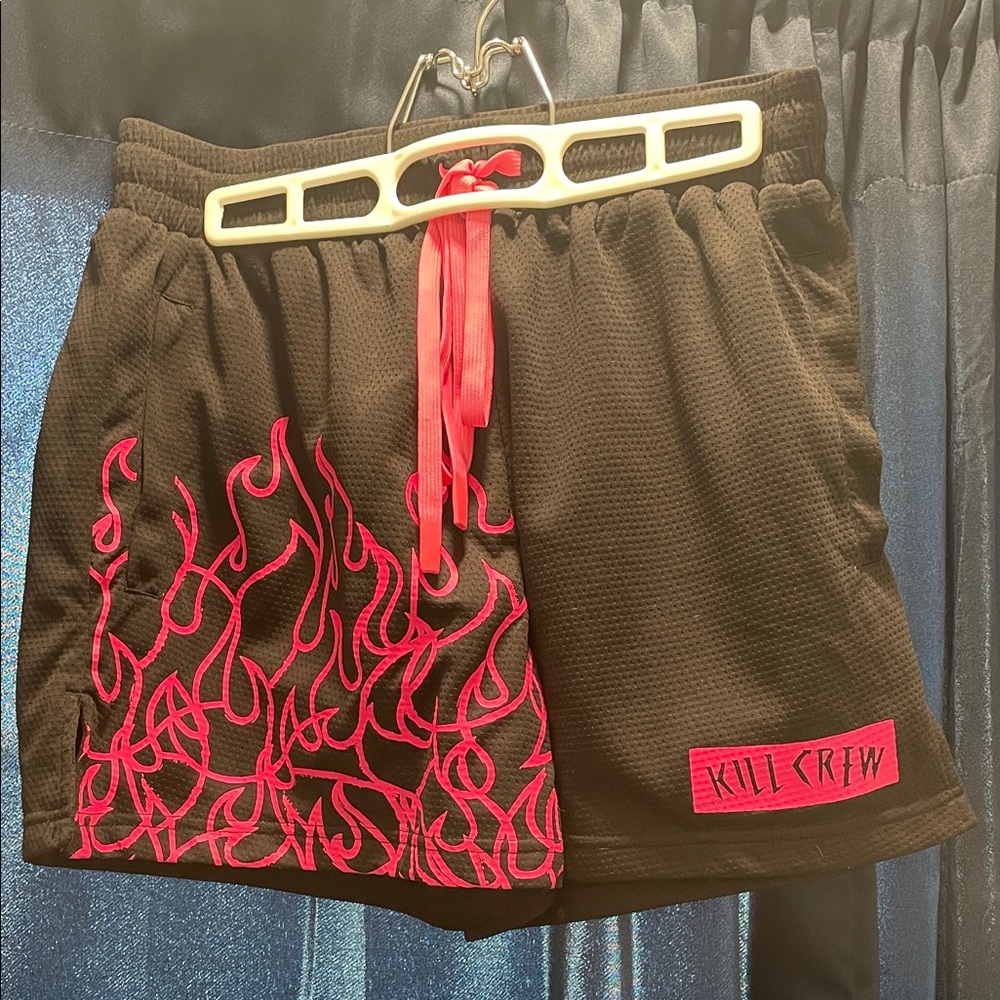 Kill Crew Black Shorts with Pink Flame Design